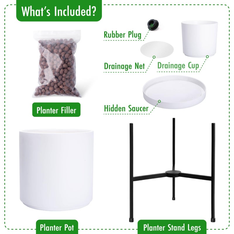 D'vine Dev Modern White Plants Pot Cylinder Planter with Heavy Duty Stand, Large 12 Inch Pot, 18.9 Inch with Stand Height, 96-T-A-3 - Image 5